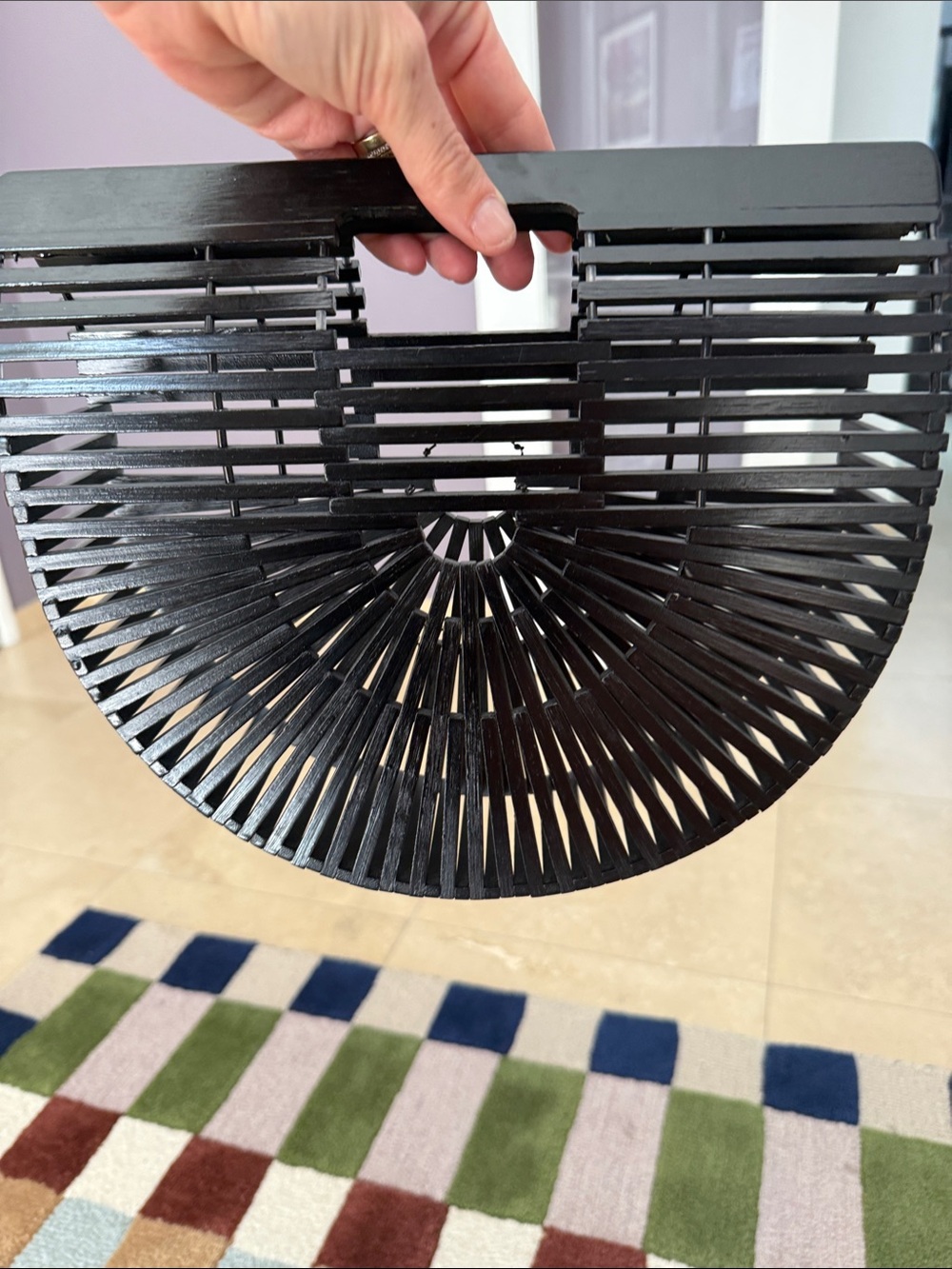Black Semi-Circle Slatted Handbag - Unbranded